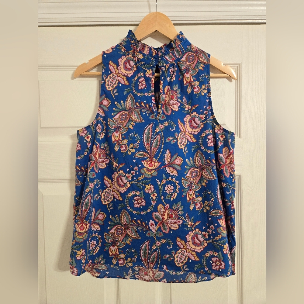 J. Crew Blue & Pink Paisley Blouse High Collar Sleeveless Liberty Fabric Size 4